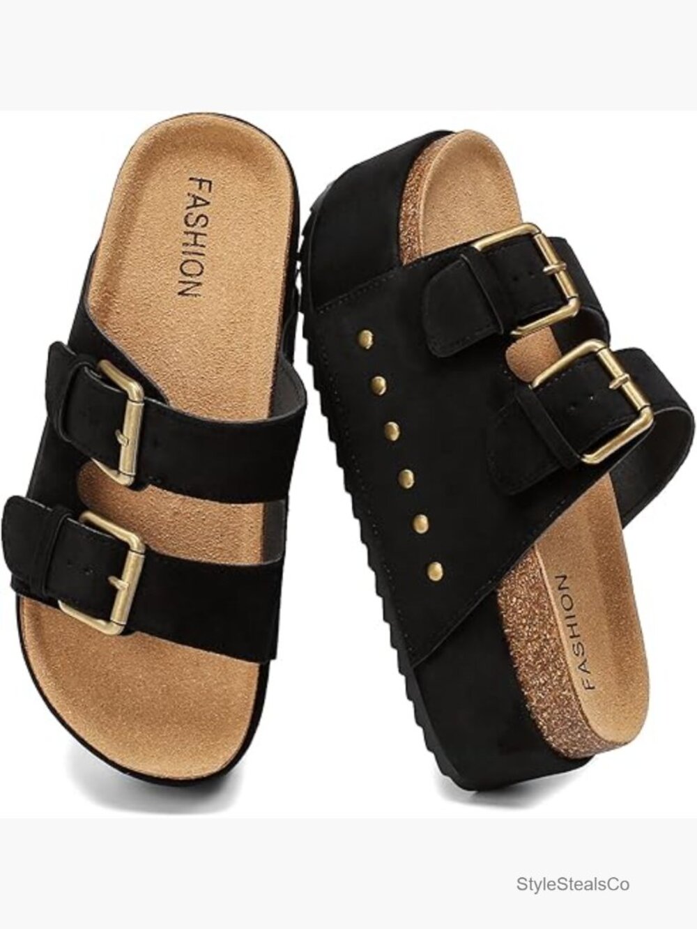 Platform Sandals Cork Footbed Double Buckles Chunky Wedge Slides Wide Width